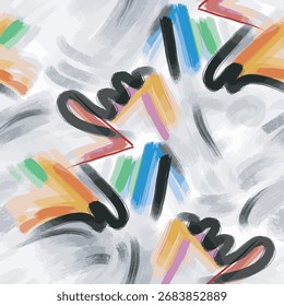 Dynamic abstract pattern with colorful brush strokes and playful shapes. Perfect for modern fabric prints, wrapping paper, or artistic backgrounds.