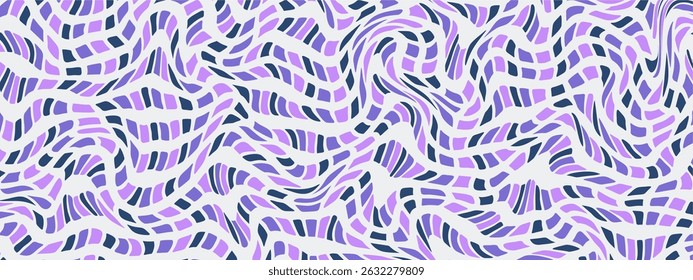 a dynamic, abstract pattern composed of irregular, flowing stripes in shades of purple and dark blue against a light background.