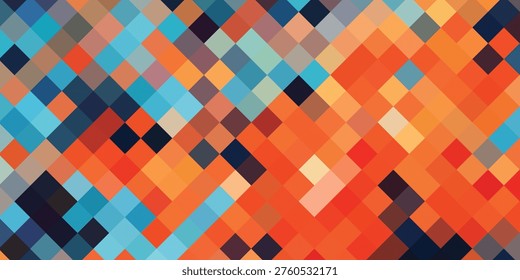 A dynamic abstract pattern composed of small, colorful squares arranged in a pixelated mosaic style, featuring a blend of warm oranges and cool blues.