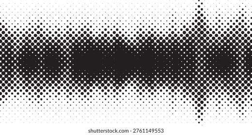 A dynamic abstract pattern created with halftone dots, transitioning from dense black to sparse white, suggesting movement and depth.