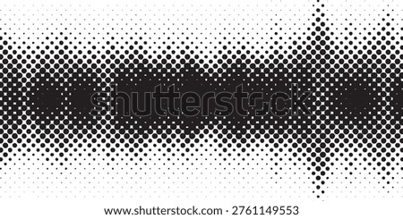 A dynamic abstract pattern created with halftone dots, transitioning from dense black to sparse white, suggesting movement and depth.