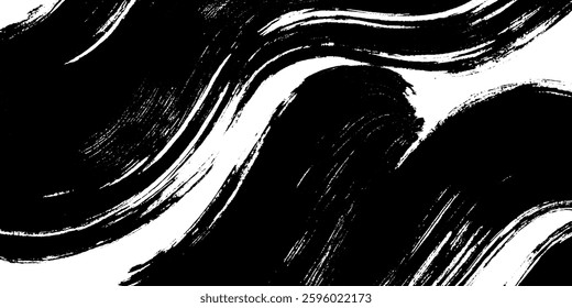 A dynamic abstract pattern featuring bold black and white brush strokes creating a sense of movement and flow.