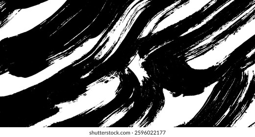 A dynamic abstract pattern featuring bold black brush strokes on a white background, creating a sense of movement and energy.