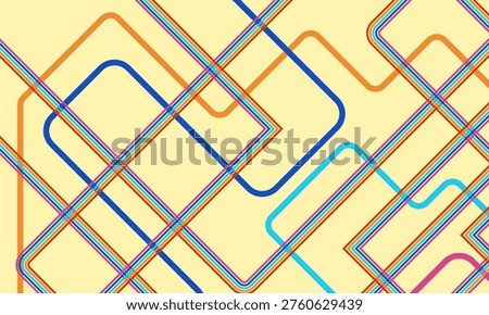 A dynamic abstract pattern featuring a dense network of colorful, rounded tubes intersecting and overlapping against a light yellow background.