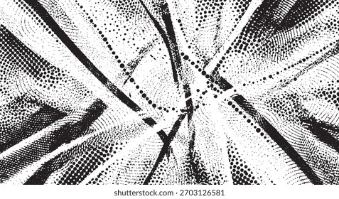Ein dynamisches abstraktes Muster mit sich kreuzenden schwarzen Linien und verstreuten Punkten auf weißem Hintergrund, das ein Gefühl von Bewegung und Energie erzeugt.