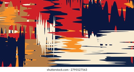 Dynamic abstract pattern featuring a mix of red, orange, dark blue, beige, and white colors. Jagged, brushstroke-like shapes create a distressed and modern artistic texture.