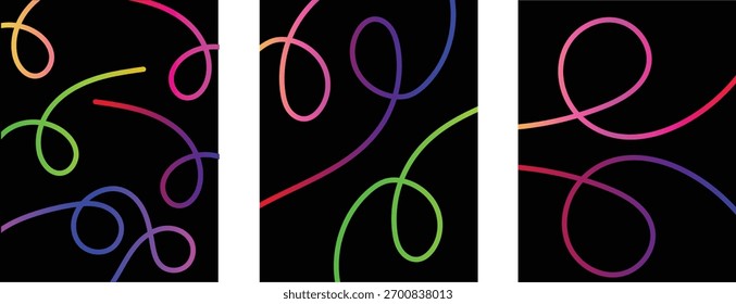 Dynamic abstract pattern featuring multiple flowing lines with a smooth gradient spectrum of colors. Ideal for modern digital backgrounds and creative projects.