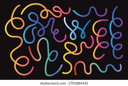 Dynamic abstract pattern featuring a vibrant array of gradient colorful curly and wavy lines. Perfect for modern design, backgrounds, and innovative projects.