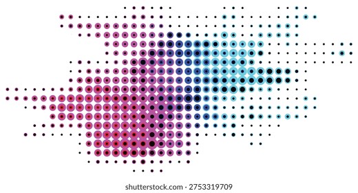 A dynamic abstract pattern formed by a gradient of colorful halftone dots, transitioning from pink to blue and green.