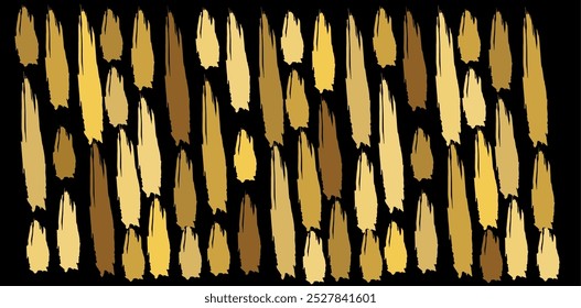 A dynamic abstract pattern with golden and brown brushstroke shapes on a black background, ideal for artistic backgrounds, textiles, and modern design elements.