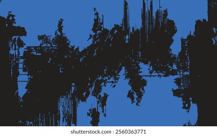 Dynamic abstract pattern of jagged black textures on a vivid blue background, evoking modern digital art and bold industrial design aesthetics