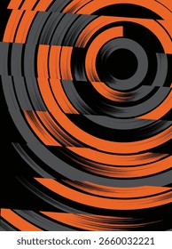 Dynamic abstract pattern of orange and grey fragmented concentric arcs, featuring textured brushstroke edges and a modern, digital art style.