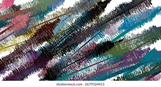 Dynamic abstract pattern of overlapping textured brushstrokes. Vibrant colors: blue, green, purple, red, yellow, black, creating a chaotic artistic visual.