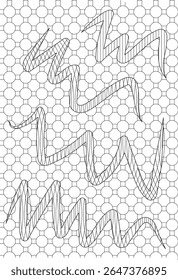 Dynamic abstract pattern with rhythmic wavy strokes and hatching on a clean geometric circle grid, offering a versatile modern background.