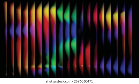 Padrão abstrato dinâmico de listras vibrantes de luz vertical, criando uma sensação de energia de fluxo e um espectro de cores rico.