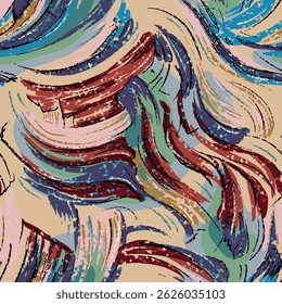 Dynamic abstract pattern of vivid brushstrokes in blue, purple, yellow, and teal on a light background, featuring a textured, hand-drawn, and expressive artistic style.