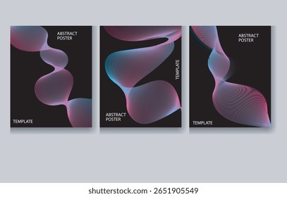 Cartazes abstratos dinâmicos com ondas de linha de gradiente em movimento. Visuais elegantes e vibrantes, perfeitos para eventos de música, mídias sociais, anúncios, banners e capas.