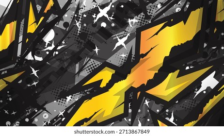 Plano de fundo de corrida abstrato dinâmico com formas geométricas grunge em amarelo e preto. Ilustração vetorial ideal para camisola esportiva, decalque de carro e design de jogos extremos.
