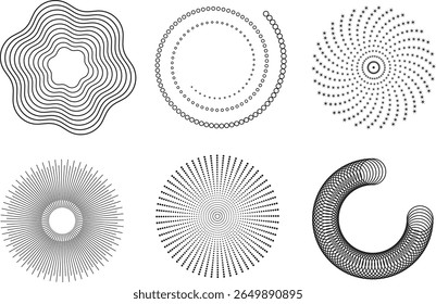 Dynamic abstract radial circular elements with halftone dot wave patterns and geometric swirl lines