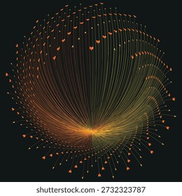 Líneas radiales abstractas dinámicas en naranja y amarillo brillante, que simbolizan la energía, el flujo de datos, el movimiento y la tecnología moderna sobre un fondo oscuro.
