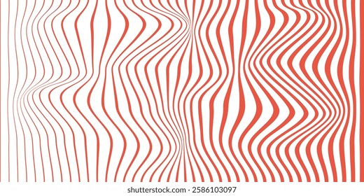 Dynamic Abstract Red and White Wavy Line Pattern Artwork. Abstract depiction featuring red wavy lines on a white background, creating a dynamic movement pattern. Ideal for modern decor, graphic design