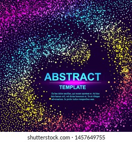 Dynamic abstract scattering particles background made of colored neon specks. Vector illustration.