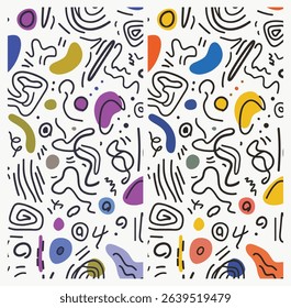 A Dynamic and Abstract Seamless Pattern Featuring Hand-Drawn Squiggles, Dots, and Amorphous Shapes in a Variety of Bold and Muted Colors on a White Background