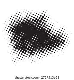 A dynamic abstract shape formed by a dense pattern of black halftone dots, creating a sense of movement and texture.