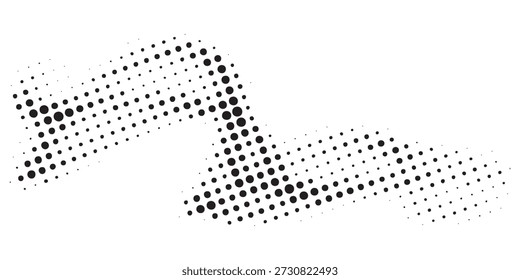 A dynamic, abstract shape formed by a pattern of black halftone dots on a white background, creating a sense of movement and depth.