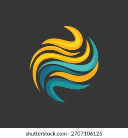 Dynamic abstract spherical wave logo in yellow and blue, a fluid energy design element