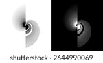 Dynamic abstract spiral sound wave rhythm lines. Circular spiral sound wave rhythm of lines. Circular futuristic abstract lines, black and white background.	
