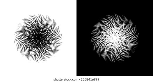 Dynamic abstract spiral sound wave rhythm lines. Circular spiral sound wave rhythm of lines. Circular futuristic abstract lines, black and white background.