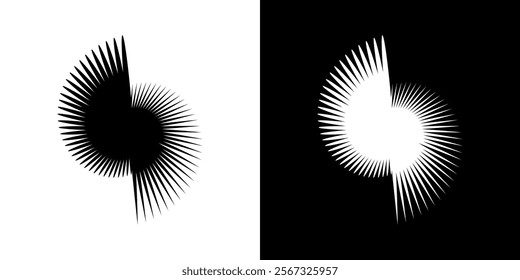 Dynamic abstract spiral sound wave rhythm lines. Circular spiral sound wave rhythm of lines. Circular futuristic abstract lines, black and white background.