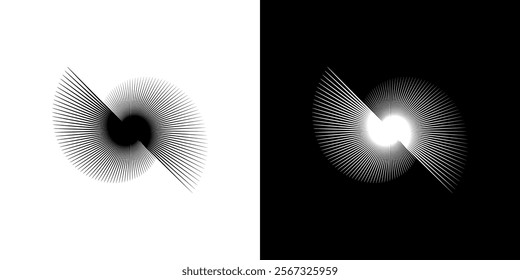 Dynamic abstract spiral sound wave rhythm lines. Circular spiral sound wave rhythm of lines. Circular futuristic abstract lines, black and white background.