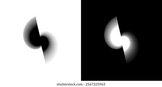 Dynamic abstract spiral sound wave rhythm lines. Circular spiral sound wave rhythm of lines. Circular futuristic abstract lines, black and white background.