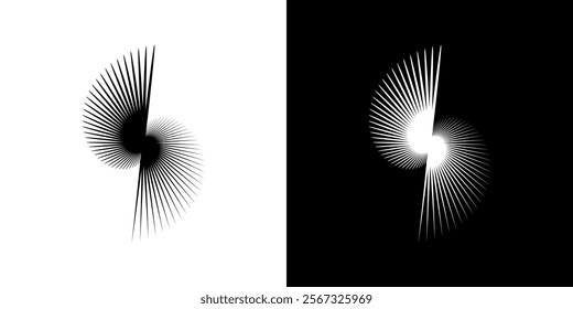 Dynamic abstract spiral sound wave rhythm lines. Circular spiral sound wave rhythm of lines. Circular futuristic abstract lines, black and white background.