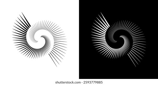 Dynamic abstract spiral sound wave rhythm lines. Circular spiral sound wave rhythm of lines. Circular futuristic abstract lines, black and white background.