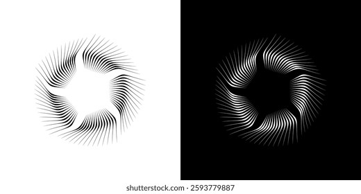 Dynamic abstract spiral sound wave rhythm lines. Circular spiral sound wave rhythm of lines. Circular futuristic abstract lines, black and white background.