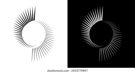 Dynamic abstract spiral sound wave rhythm lines. Circular spiral sound wave rhythm of lines. Circular futuristic abstract lines, black and white background.