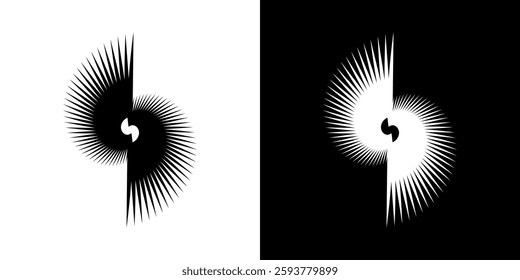 Dynamic abstract spiral sound wave rhythm lines. Circular spiral sound wave rhythm of lines. Circular futuristic abstract lines, black and white background.