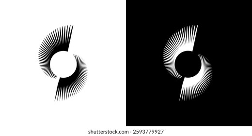 Dynamic abstract spiral sound wave rhythm lines. Circular spiral sound wave rhythm of lines. Circular futuristic abstract lines, black and white background.