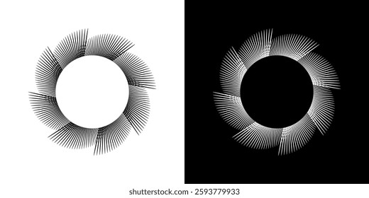 Dynamic abstract spiral sound wave rhythm lines. Circular spiral sound wave rhythm of lines. Circular futuristic abstract lines, black and white background.