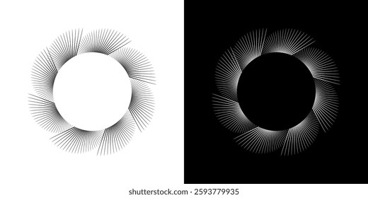 Dynamic abstract spiral sound wave rhythm lines. Circular spiral sound wave rhythm of lines. Circular futuristic abstract lines, black and white background.