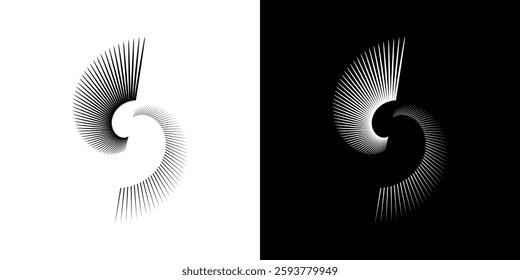 Dynamic abstract spiral sound wave rhythm lines. Circular spiral sound wave rhythm of lines. Circular futuristic abstract lines, black and white background.