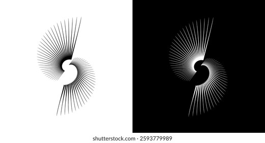 Dynamic abstract spiral sound wave rhythm lines. Circular spiral sound wave rhythm of lines. Circular futuristic abstract lines, black and white background.