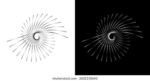 Dynamic abstract spiral sound wave rhythm lines. Circular spiral sound wave rhythm of lines. Circular futuristic abstract lines, black and white background.	