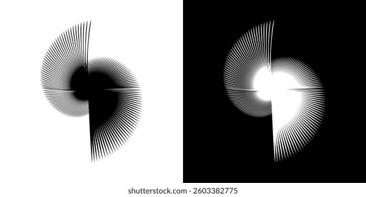 Dynamic abstract spiral sound wave rhythm lines. Circular spiral sound wave rhythm of lines. Circular futuristic abstract lines, black and white background.