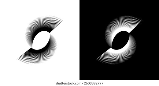 Dynamic abstract spiral sound wave rhythm lines. Circular spiral sound wave rhythm of lines. Circular futuristic abstract lines, black and white background.