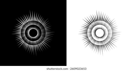 Dynamic abstract spiral sound wave rhythm lines. Circular spiral sound wave rhythm of lines. Circular futuristic abstract lines, black and white background.