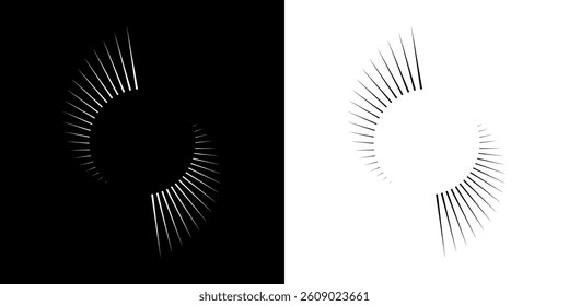 Dynamic abstract spiral sound wave rhythm lines. Circular spiral sound wave rhythm of lines. Circular futuristic abstract lines, black and white background.